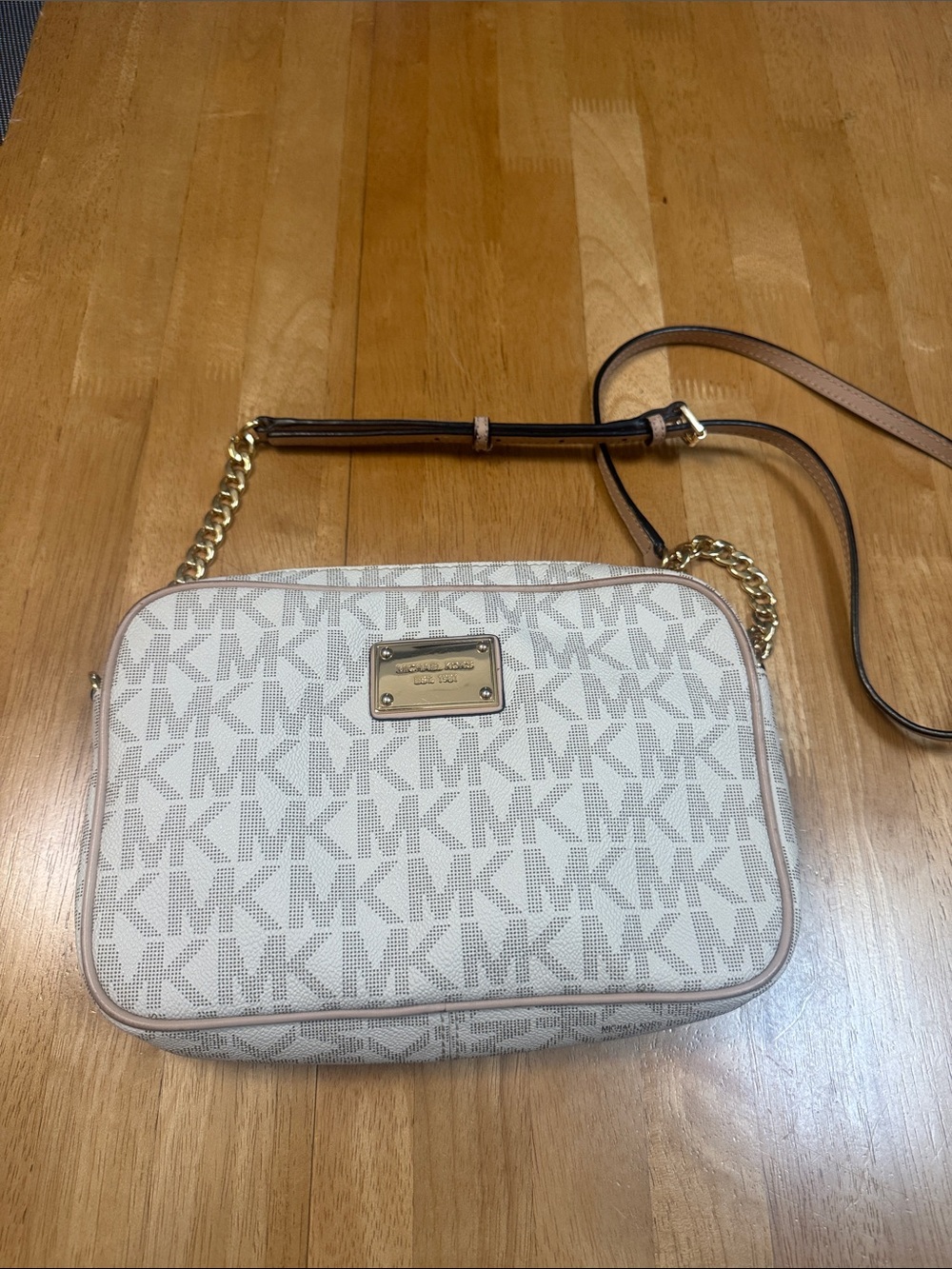 Michael Kors Beige and White Logo Crossbody with Gold Chain